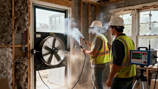 Medium shot capturing a restoration project where builders use a blower door test to identify air leaks and improve thermal sealing.