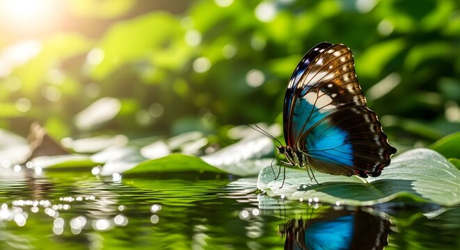 Butterfly on leaf over water