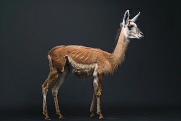 Obraz premium Vicuna standing on dark background, facing right side of the frame