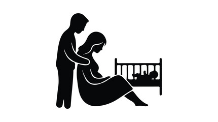 New Parents with Twin Newborns in Crib Silhouette