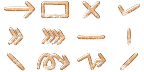 A collection of various hand-drawn style arrows and common symbols in a light brown, textured finish on a white background, suitable for graphic design.