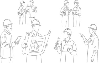 Obraz premium Illustration of construction workers in various poses with tools and blueprints