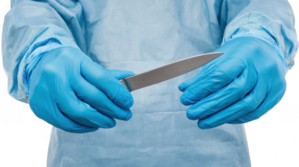 Close up of surgeon wearing sterile blue latex gloves carefully holding a scalpel, preparing for a precise surgical procedure against a transparent background