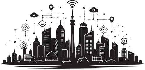 A silhouette of smart city skyline with antennas, digital infrastructure, black and white