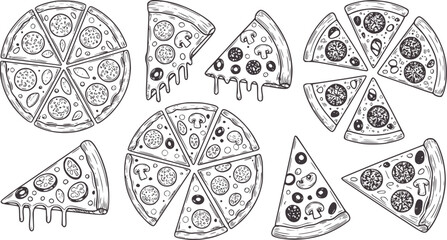 Fototapeta premium Hand drawn black and white pizza slices and whole pizzas line