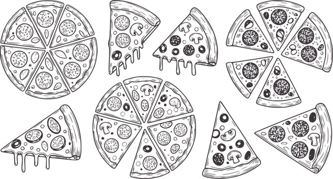 Hand drawn black and white pizza slices and whole pizzas line