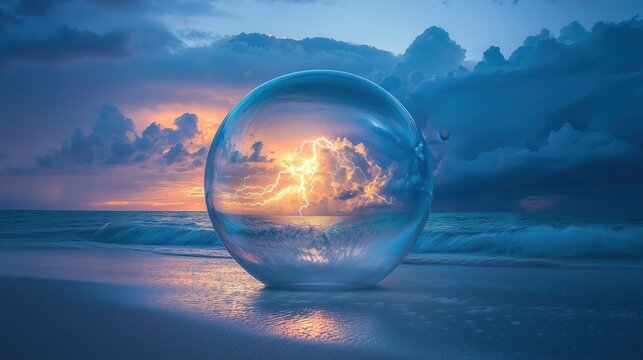 Reflective orb on sand capturing vivid lightning against a cloudy dusk sky