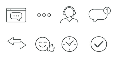 Minimalist communication icons set including chat, user, notification, sync, emoji, clock, and checkmark