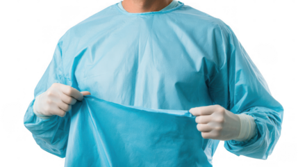 Surgeon wearing a surgical gown, mask, and gloves is carefully holding a sterile drape, ensuring a sterile environment, against a transparent background