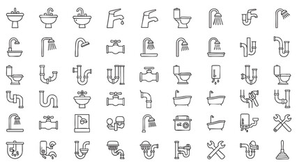A comprehensive collection of modern plumbing and bathroom fixture outline icons for home renovation and water system design isolated on transparent background