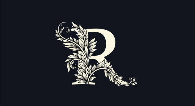 Ornate letter r is intricately embellished with classic floral engravings on a dark navy background for luxury branding and monogram use.