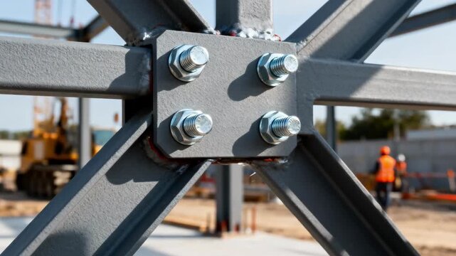 Close medium shot focusing on the connections and bolts of a fireresistant metal support frame during the erection process on a construction site.