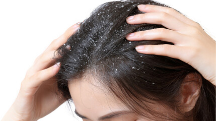 Naklejka premium Close up image of a woman scratching her head, dealing with dandruff and irritation, highlighting a common hair issue against a transparent background