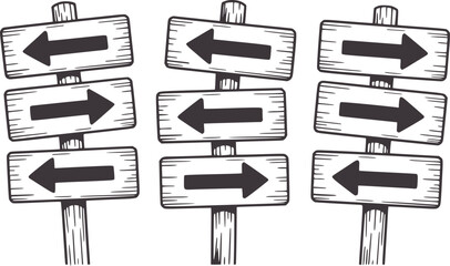 Three wooden directional signposts with multiple black arrows in different orientations © Mehedy