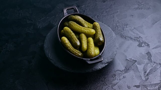 Discovering small pickles in a black dish on a dark surface for a unique food presentation