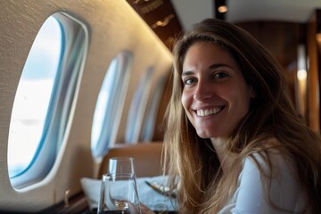 Happy businesswoman smiling during luxury private jet flight, enjoying comfort and convenience of high end travel