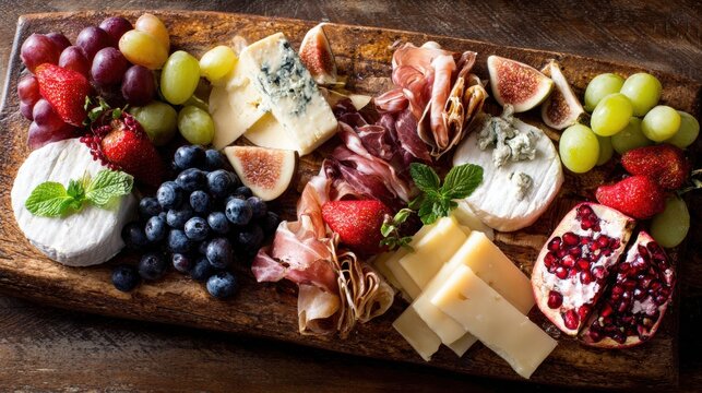 Charcuterie board featuring gourmet fruits and cheeses on rustic wood