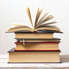 Stack of open books on a white wooden surface