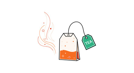 Hot tea bag illustration with steam and a green tea tag depicting a cozy beverage preparation for relaxation and health.