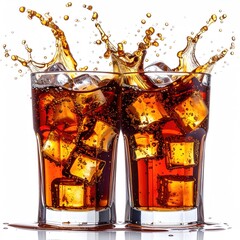 Two glasses of cola with ice and splashing soda