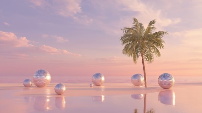 Disco balls by the palm tree on a beach at sunset