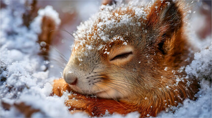 Close-up of a cute squirrel sleeping in winter snow, a wild animal head covered in frost, a cold nature weather concept.