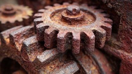 Rusty industrial gears sit corroded in a vintage mechanical system