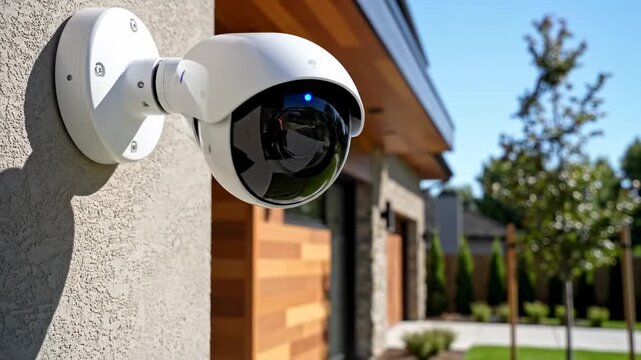 White CCTV security camera surveillance movement on building wall, smart home protection for house safety.
