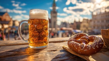 Beer mug and pretzel resting on a wooden table at Oktoberfest