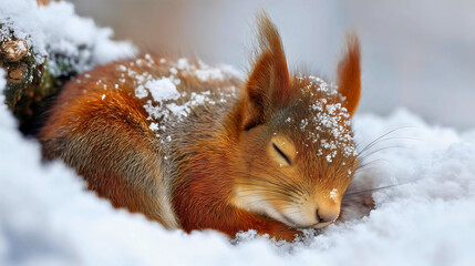 A red squirrel with tufted ears sleeping in the snow, a fluffy wild animal resting in winter, a cute nature scene with frost.