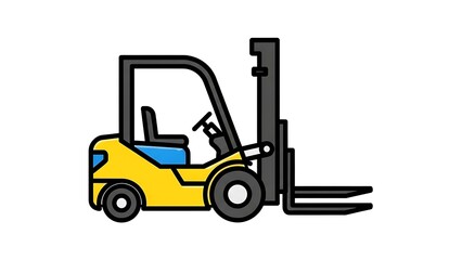 Yellow forklift with blue seat and black wheels on white background