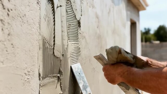 Medium shot of skilled artisan using a trowel and hawk to apply the first coat of stucco to an exterior wall surface with precision