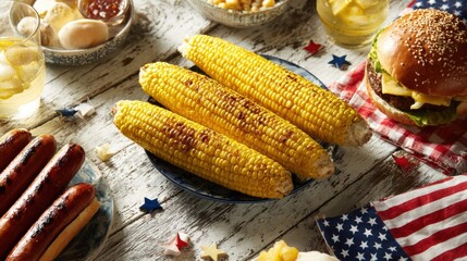Grilled corn on the cob served with patriotic BBQ food