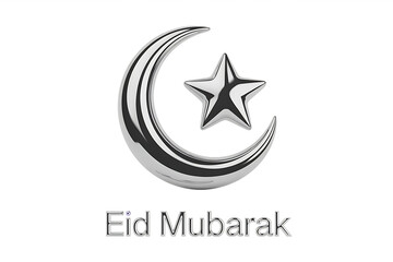 Obraz premium Shiny silver crescent moon and star symbol for Eid Mubarak celebrations