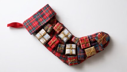 Christmas stocking overflows with plaid paper gifts

