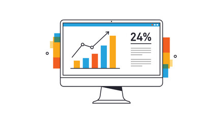 Obraz premium Business analytics dashboard on a computer screen displaying a rising growth chart and progress percentage for data visualization.