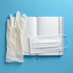 Open notebook with latex gloves and a face mask on a light-blue surface