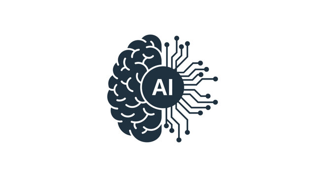Artificial intelligence concept icon featuring a human brain silhouette integrated with digital circuit paths and central AI lettering.