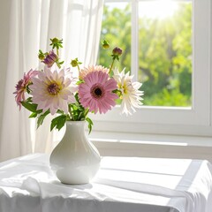A bouquet of pastel dahlias and gerbera daisies in a white vase, by a window. Sunlight streams in