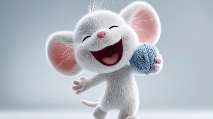 White cat pink ears orange tail hugging blue yarn ball, C4D minimal solid lighting, blind-box figure render for online gacha banner, emoji header