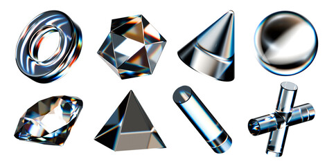 Abstract set of 3D transparent glass objects with rainbow dispersion. Glossy geometric shapes....
