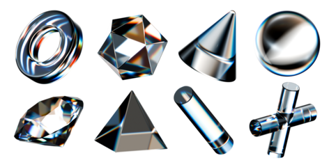 Abstract set of 3D transparent glass objects with rainbow dispersion. Glossy geometric shapes. Isolated PNG