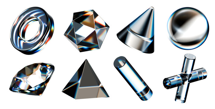 Abstract set of 3D transparent glass objects with rainbow dispersion. Glossy geometric shapes. Isolated PNG