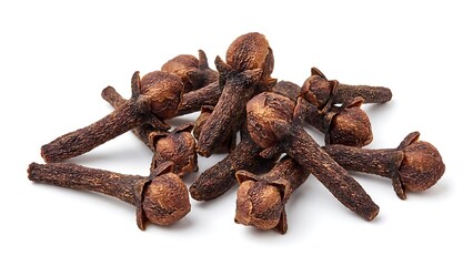 Obraz premium Pile of dried aromatic whole cloves scattered on a clean white background showcasing their rich brown texture and distinct shape for culinary use