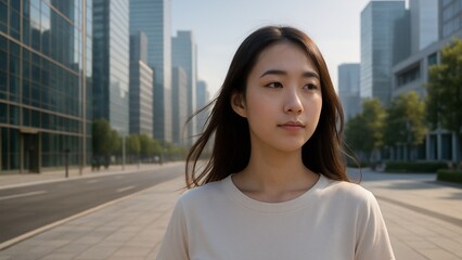 Portrait of a Young Asian Woman in Modern Cityscape