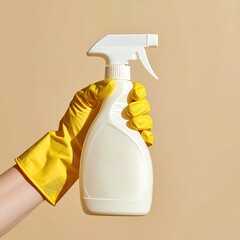 Hand in yellow glove holds a white cleaning spray bottle against a beige background