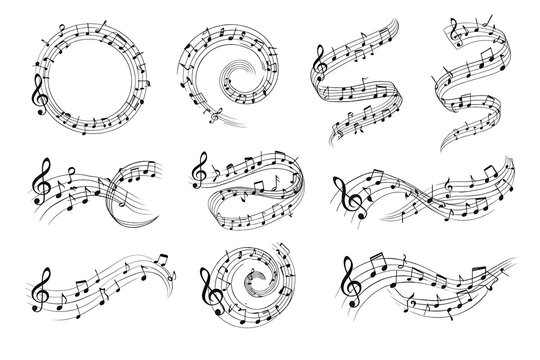 Flowing musical notes on a staff. Wavy music score with treble clef. Concept for melody, song, and harmony. Abstract sound wave vector illustration for design.
