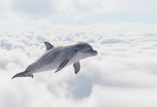 Dolphin, 3d render, High Jump in clouds. Stunning portrait of dolphin.