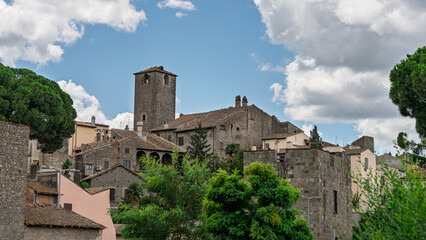 Italy - Viterbo - Torre Chigi - Medieval tower above San Pellegrino rooftops with green pines and blue sky above walls