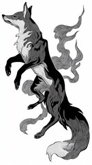 Fototapeta premium Elegant Nine-Tailed Fox Illustration in Black and White